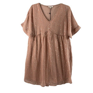 Andree by Unit Dress Womens Medium Pink Metallic‎ Silver Stars Sheer Flowy NWT